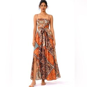 NWT Organic Viscose Boho Maxi Dress | Adjustable Wrap Palazzo Gown with Slits